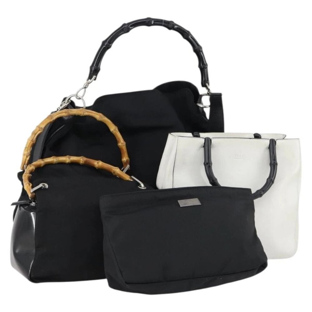 GUCCI Bamboo Hand Bag Nylon Leather 4 Set Black White Auth bs30537